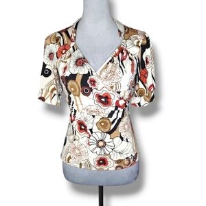 True Light Vintage Top Size L Floral Stretch Wrap Tie Back USA Retro 90s